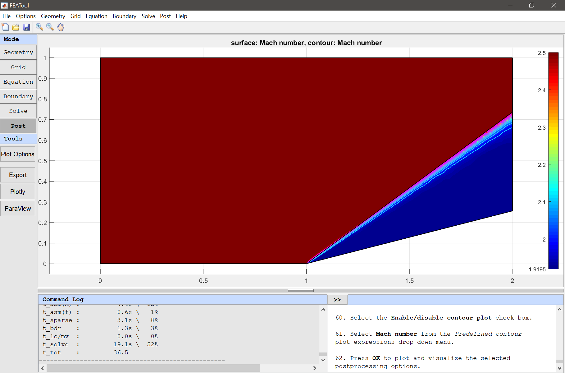 FEATool Multiphysics Tutorial - Supersonic Flow Past a Wedge