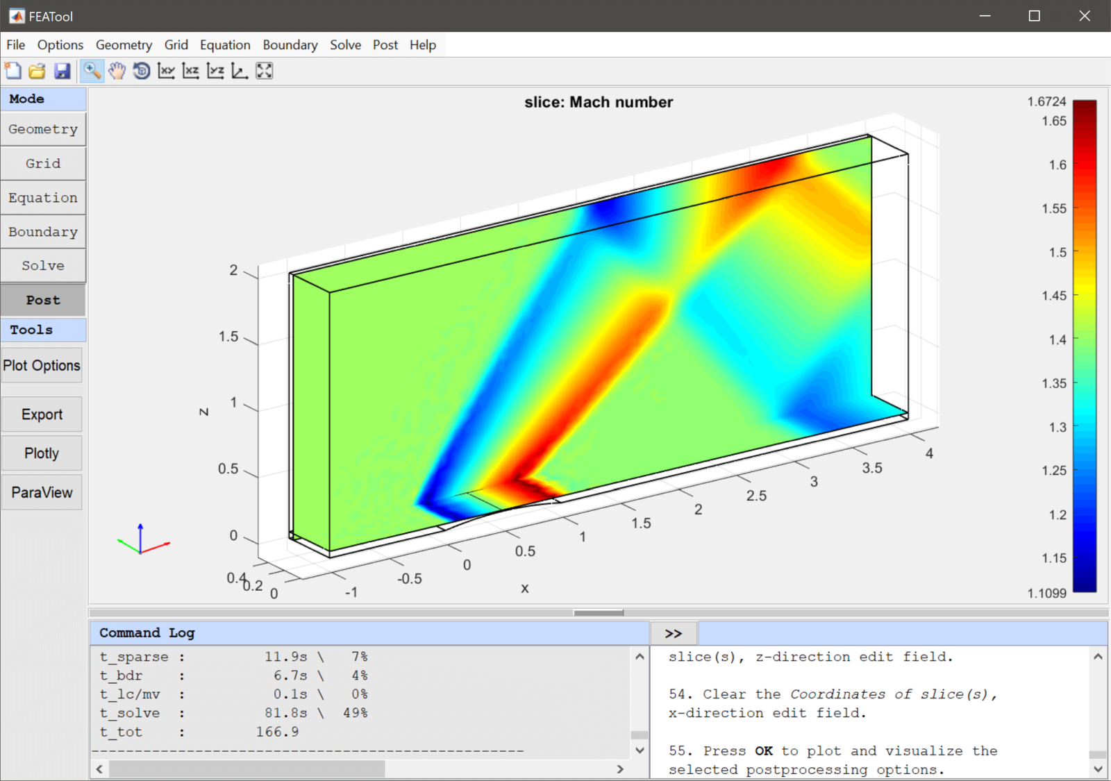 
  FEATool Multiphysics Tutorial - Supersonic Flow Over an Obstacle
