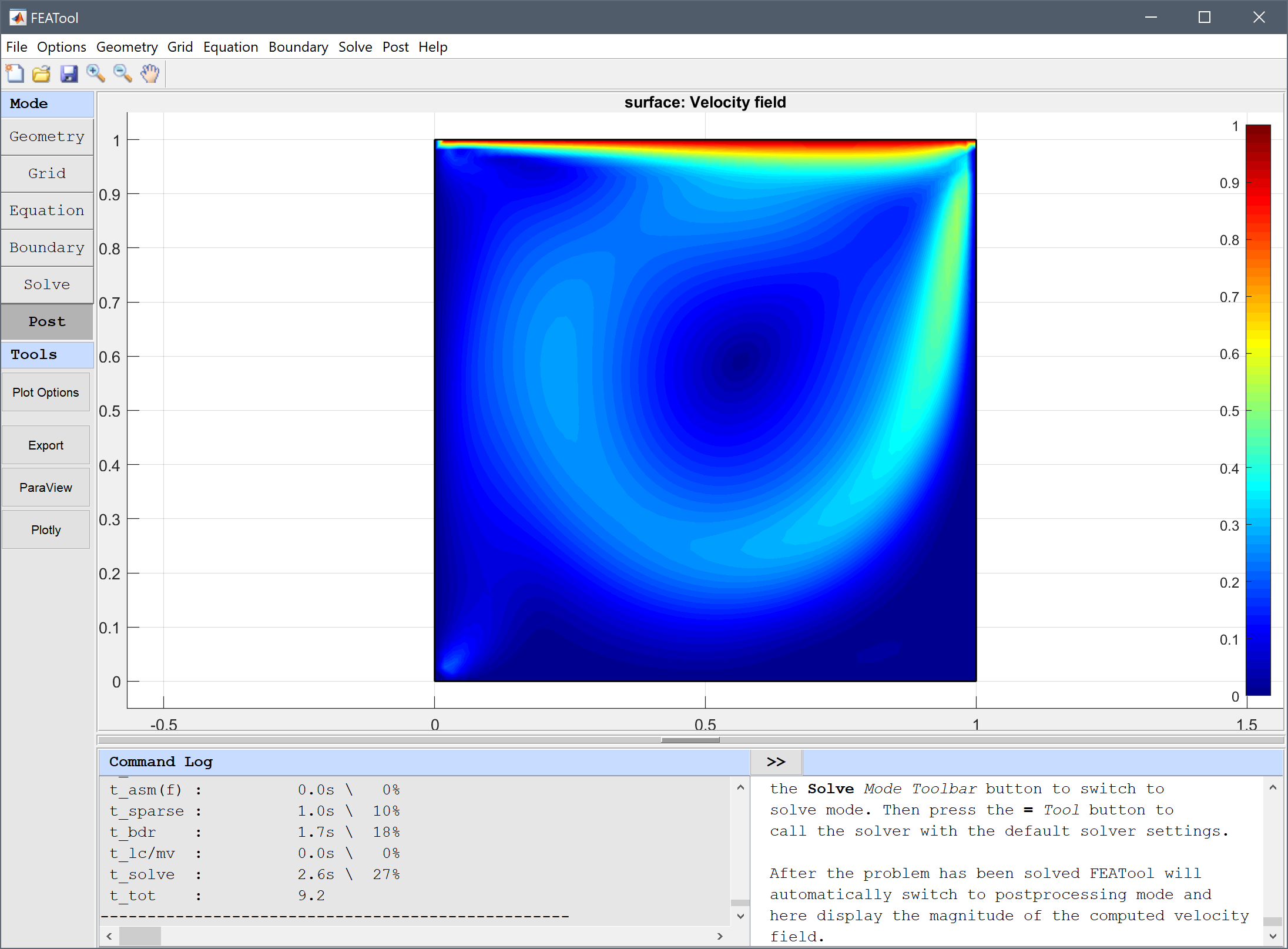 FEATool Multiphysics Tutorial - Flow in Driven Cavity
