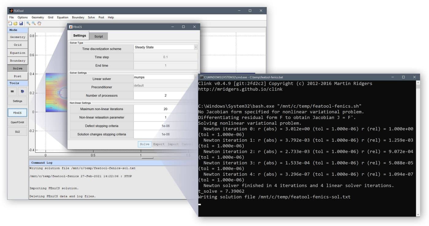 FEniCS GUI and Python multiphysics simulations