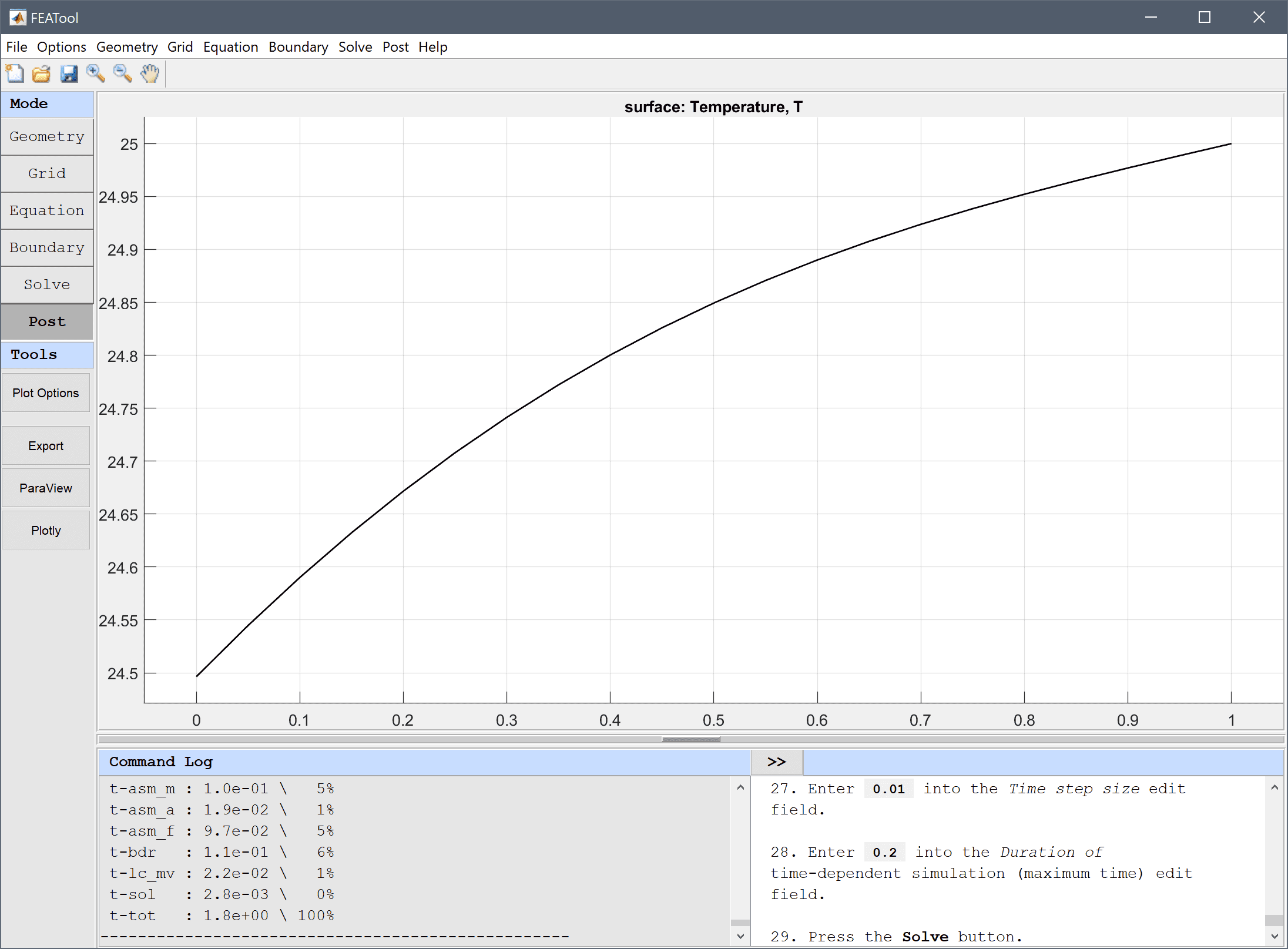 
  FEATool Multiphysics Tutorial - Transient Heat Diffusion in a Rod
