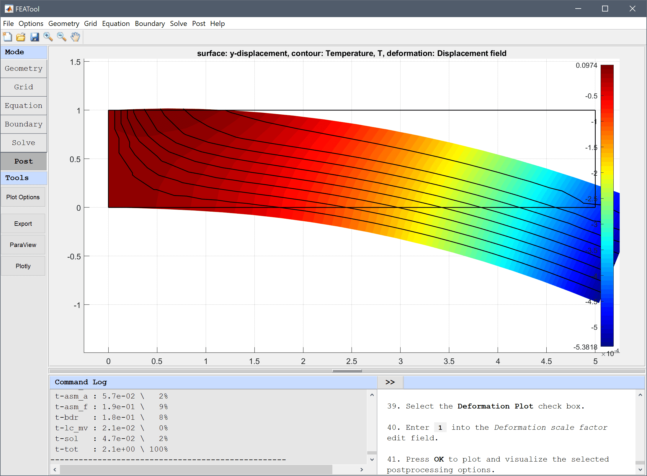 FEATool Multiphysics Tutorial - Modeling and Simulation of Thermo-Mechanical Bending of a Beam