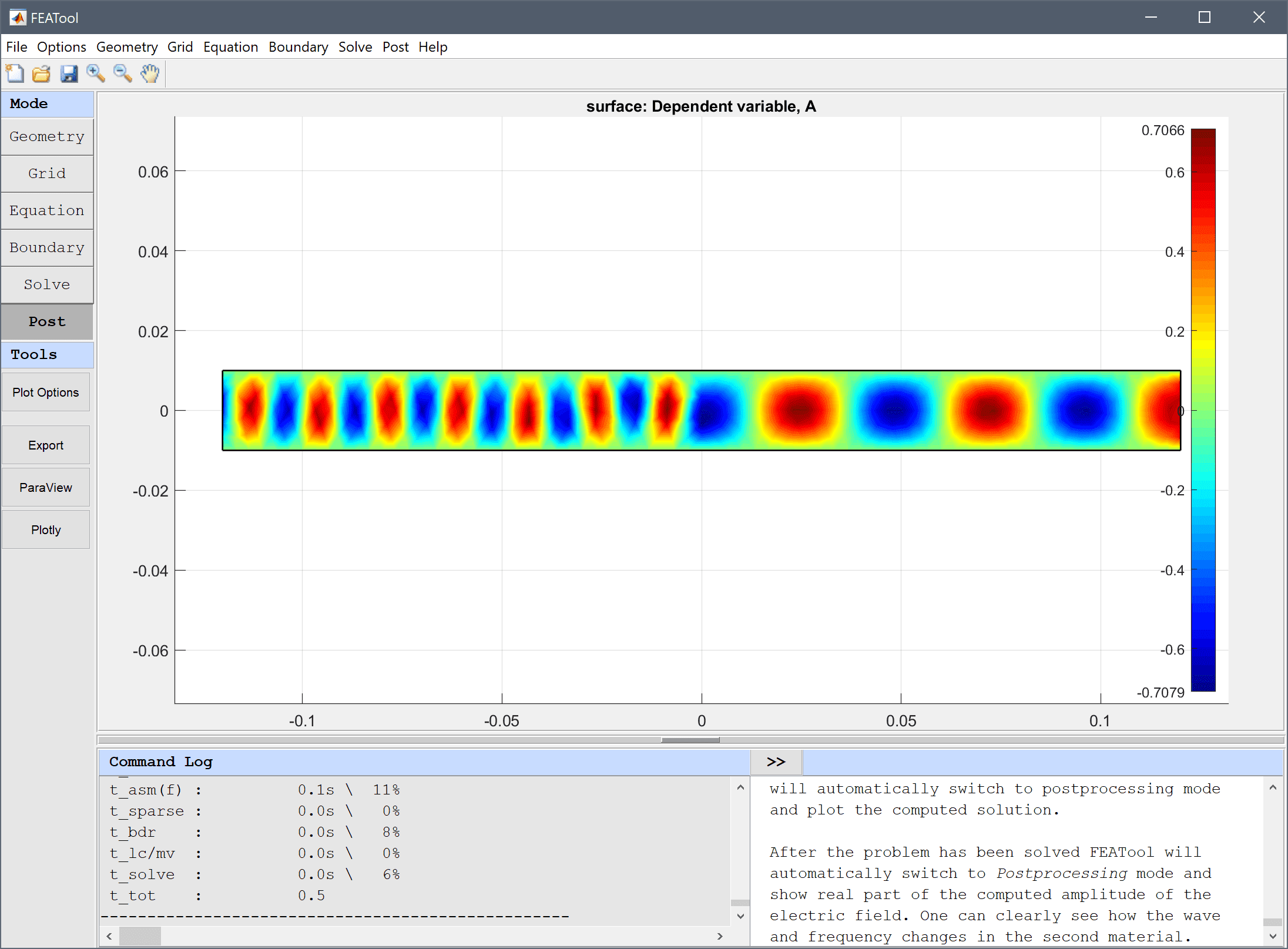 
  FEATool Multiphysics Tutorial - Two Material Wave Guide Interface
