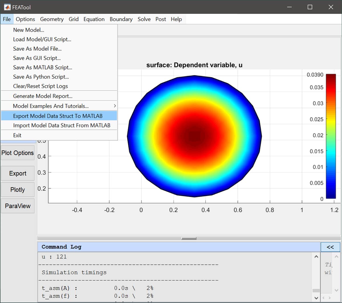 FEATool Multiphysics GUI and MATLAB workspace import and export