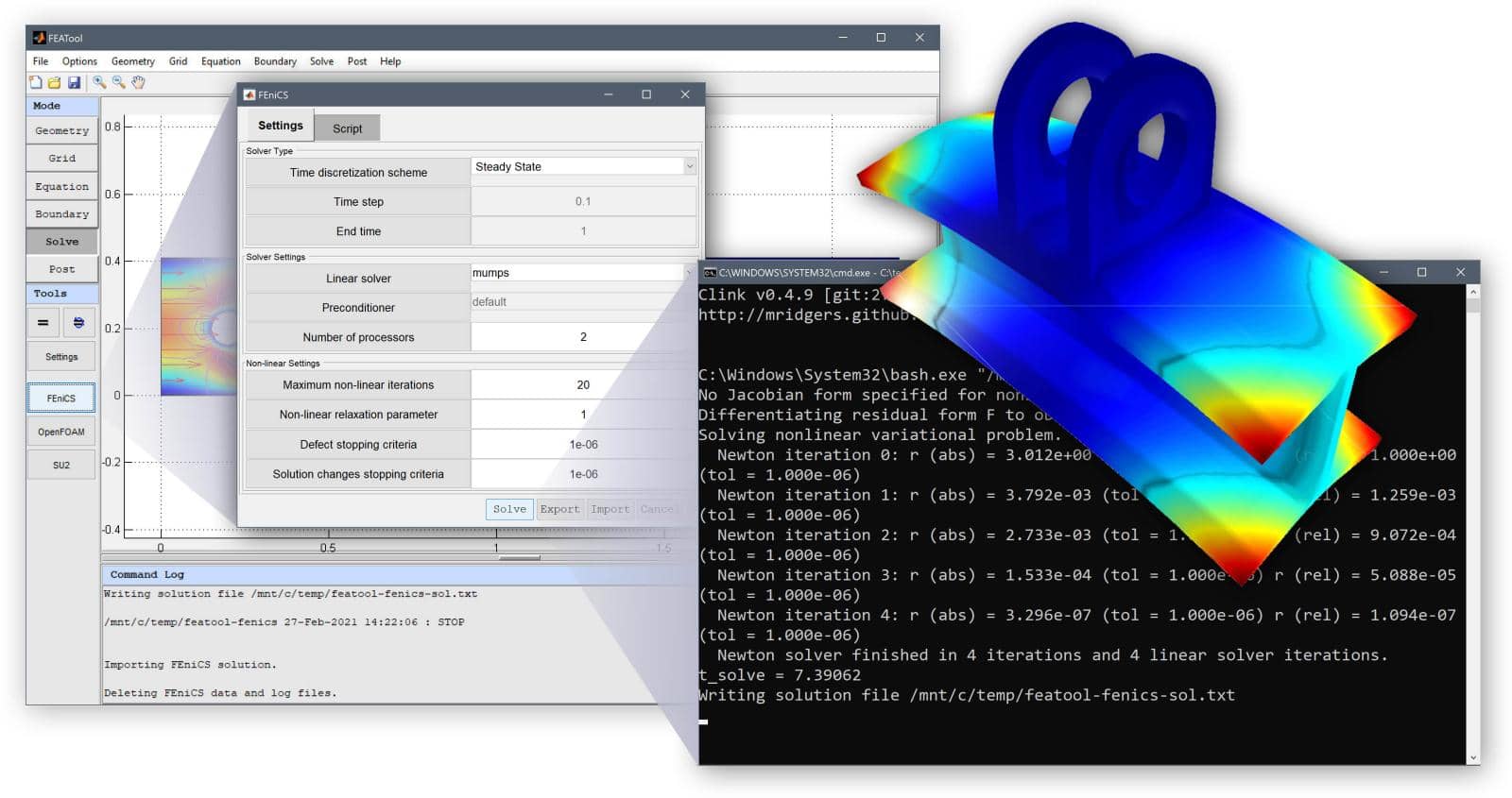 Multiphysics Simulations in Python with FEniCS and FEATool