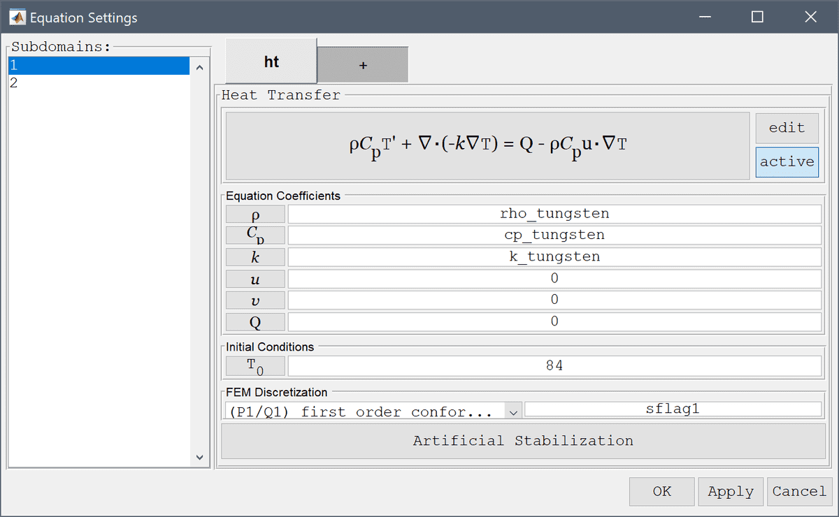 FEATool Multiphysics GUI subdomain settings thermal shrink fitting model