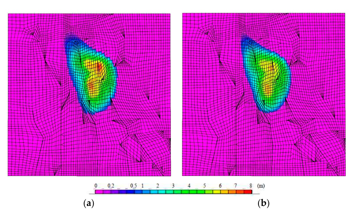 Simulated oil-layer thickness after 7.3 days on the left and one year on the right, with finite element mesh and a thickness scale in metres